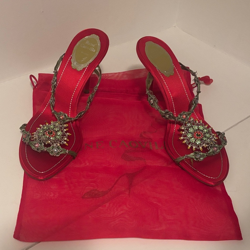 Rene Caovilla Red and Gold Embellished Heels